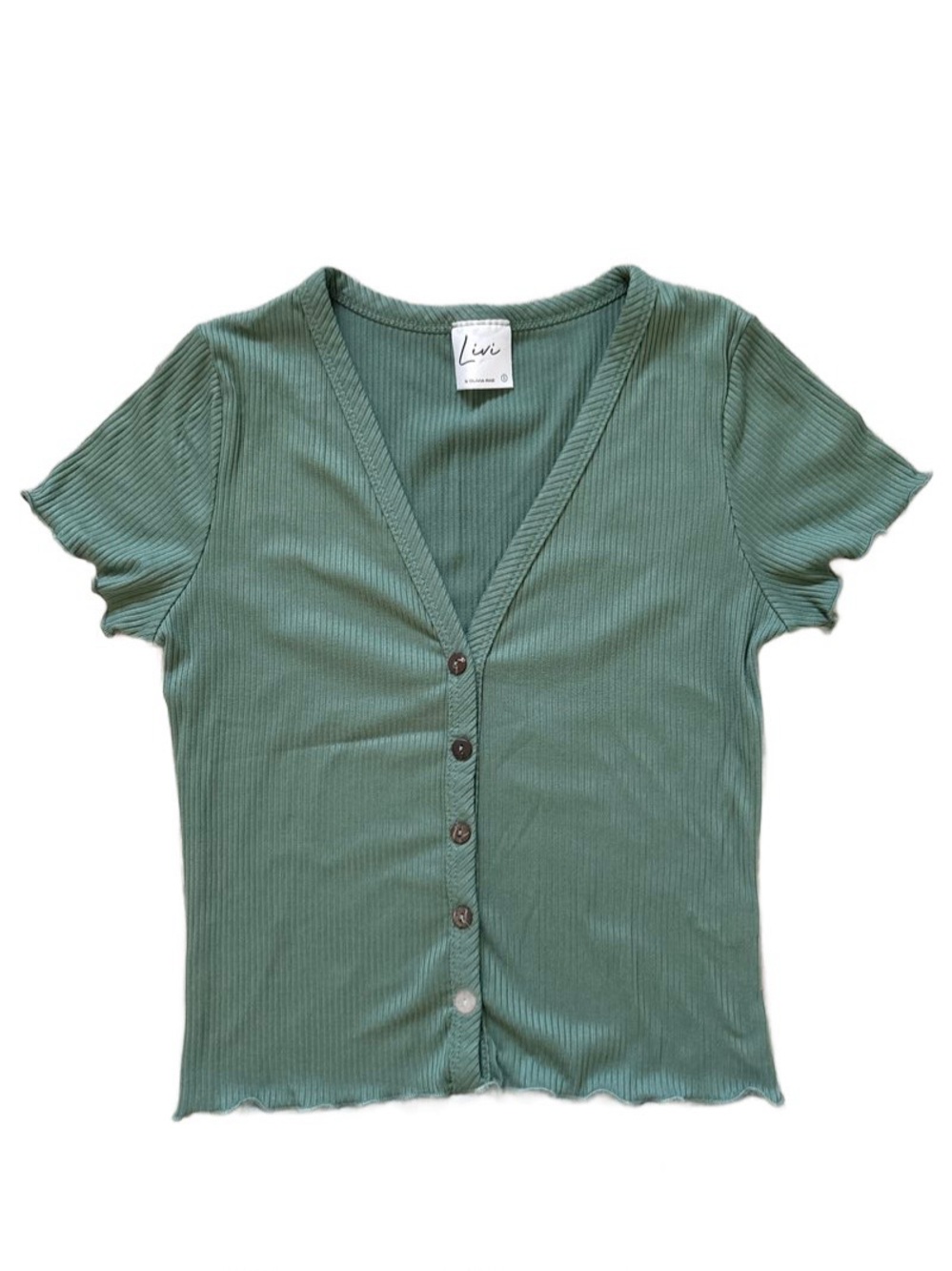 Olivia Rae Ribbed Sage Green Button-Front Tee